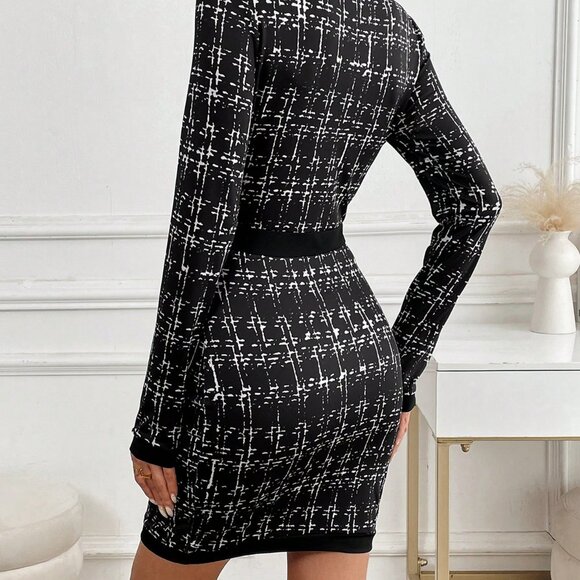 Black Elegant Women's Plaid Crew Neck Long Sleeve Button Design Work Midi Dress - Picture 2 of 7